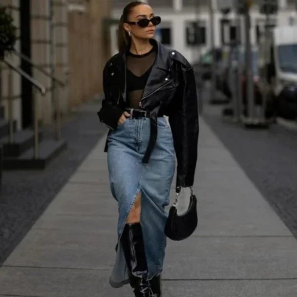 NWT ZARA LONG DENIM SKIRT NAVY BLUE - Picture 2 of 10